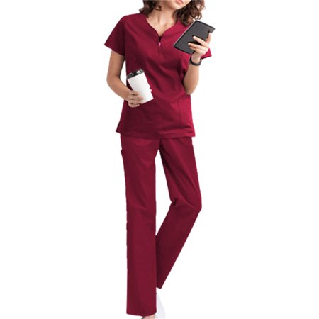Scrubs Set for Women V Neck Short Sleeves Uniform with Pockets Non-Sticky Hair for Pet Hospital 2XL A Short Sleeved Suit Red