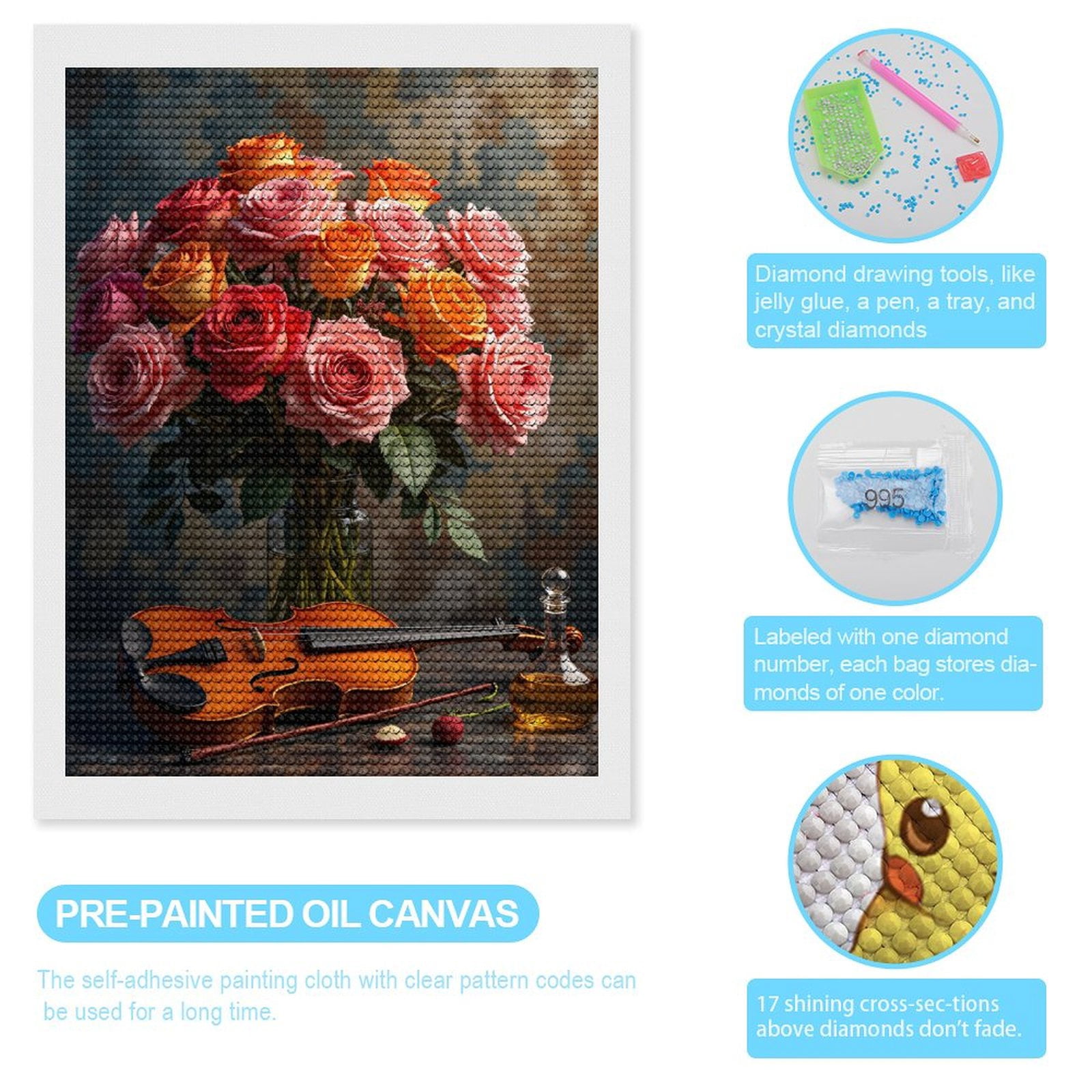 Diamond Art Kits for Adults, Floral Violin Still Life Elegant Display 5D Diamond Painting Kits for Adults Beginners, DIY Full Drill Diamond Painting, Gem Art and Crafts 12x16