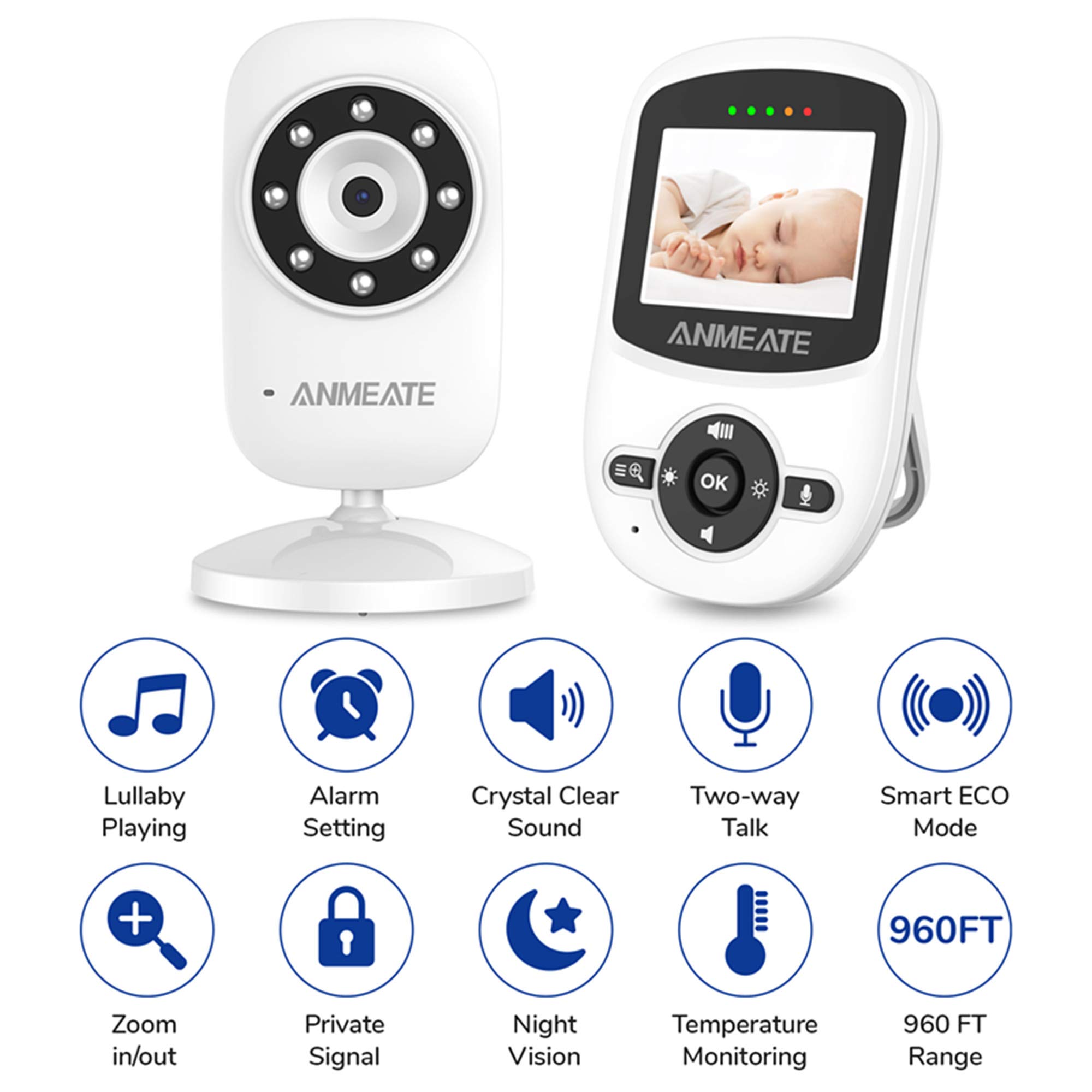 Video Baby Monitor with Digital Camera, Digital 2.4Ghz Wireless Video  Monitor with Temperature Monitor, 960ft Transmission Range, 2-Way Talk,  Night Vision, High Capacity Battery(Black)