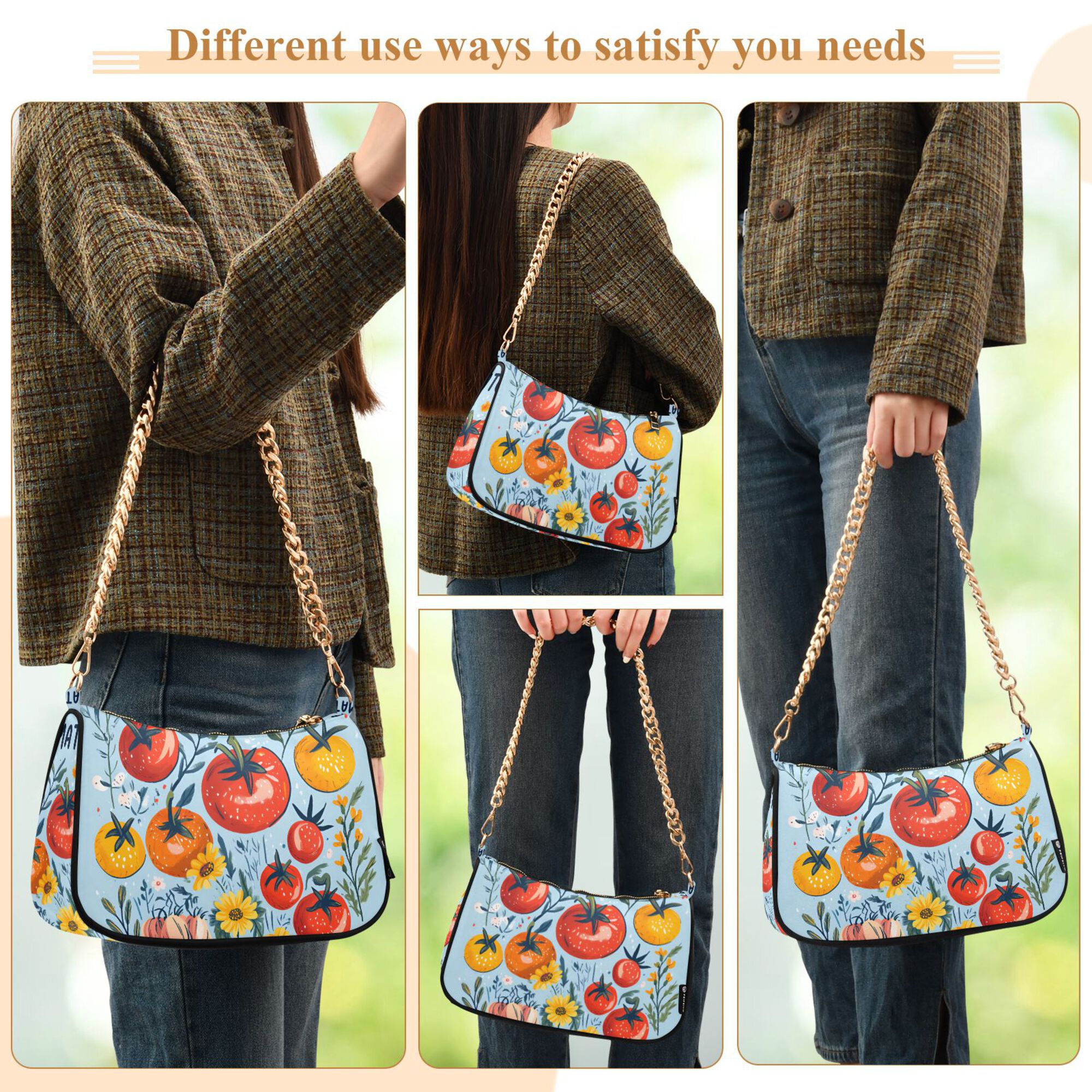 FORMRS Womens Shoulder Bag with Chain Strap Clutch Purse Cute Tote Handbag, Yellow Floral Tomatoes