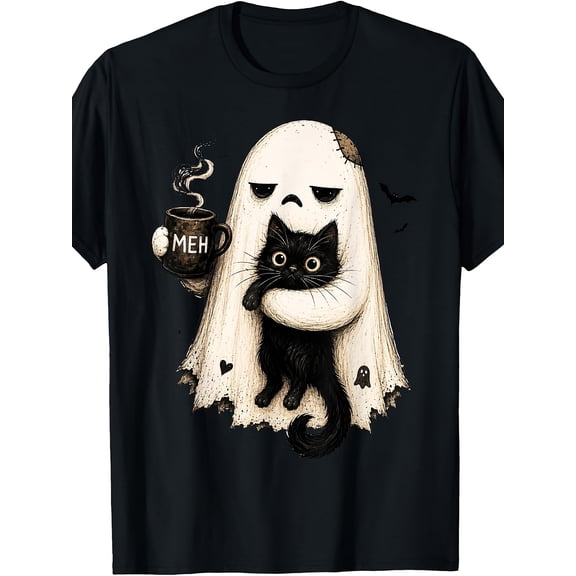 Meh Ghost Holding Black Cat Coffee Lover Funny Halloween Graphic Tee for Men Women, Cute Spooky Cat Short Sleeve T-Shirt, Casual Crew Neck Top for Cat Coffee Lover Gift