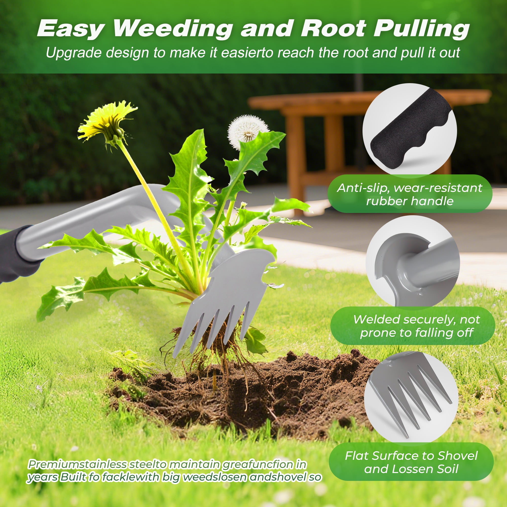 Walensee Weed Puller Tool with 5-Tine Manganese Steel & Rubber Handle for Vegetable Gardening, Backyard Planting & Uprooting Weeding