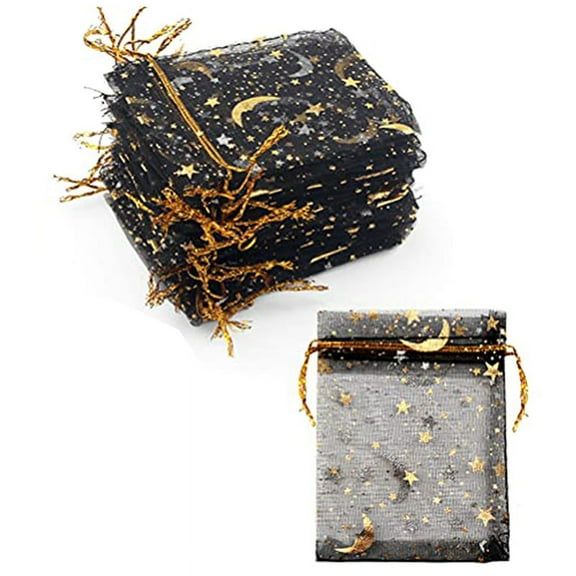 100 Pieces Moon Star Organza Jewelry Candy Bags, 2.7X3.5 Inch Sheer Organza Favor Bags Gift Pouch with Color:Black