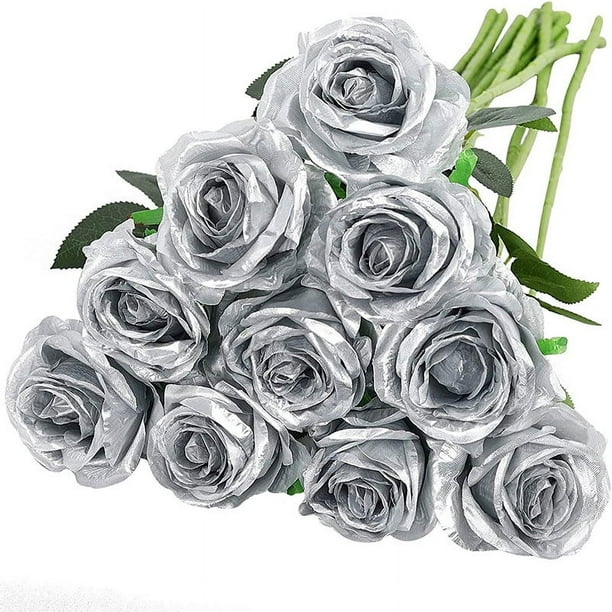 XmhyTop Rosas artificiales realistas falsas con tallos para decoración de ramo de novia, 10 unidades (plata)