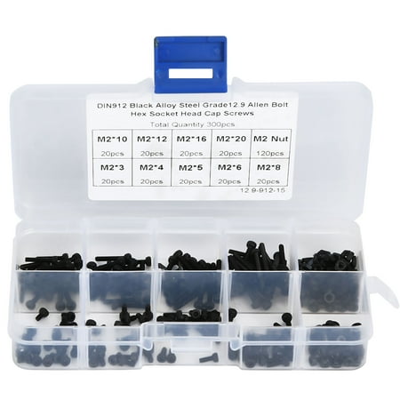 

300pcs M2 x 3-20mm 12.9 Grade Black Alloy Steel Hex Socket Screw Bolt and Nut Kit