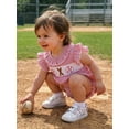 thumbnail image 6 of BemeyourBBs Newborn Baby Girls Baseball Outfit Smocked Bubble Romper Ruffle Fly Sleeve Crew Neck Stripes Embroidery Baseball Infant Bodysuit Cute Infant Girl Summer Clothes, 6 of 9