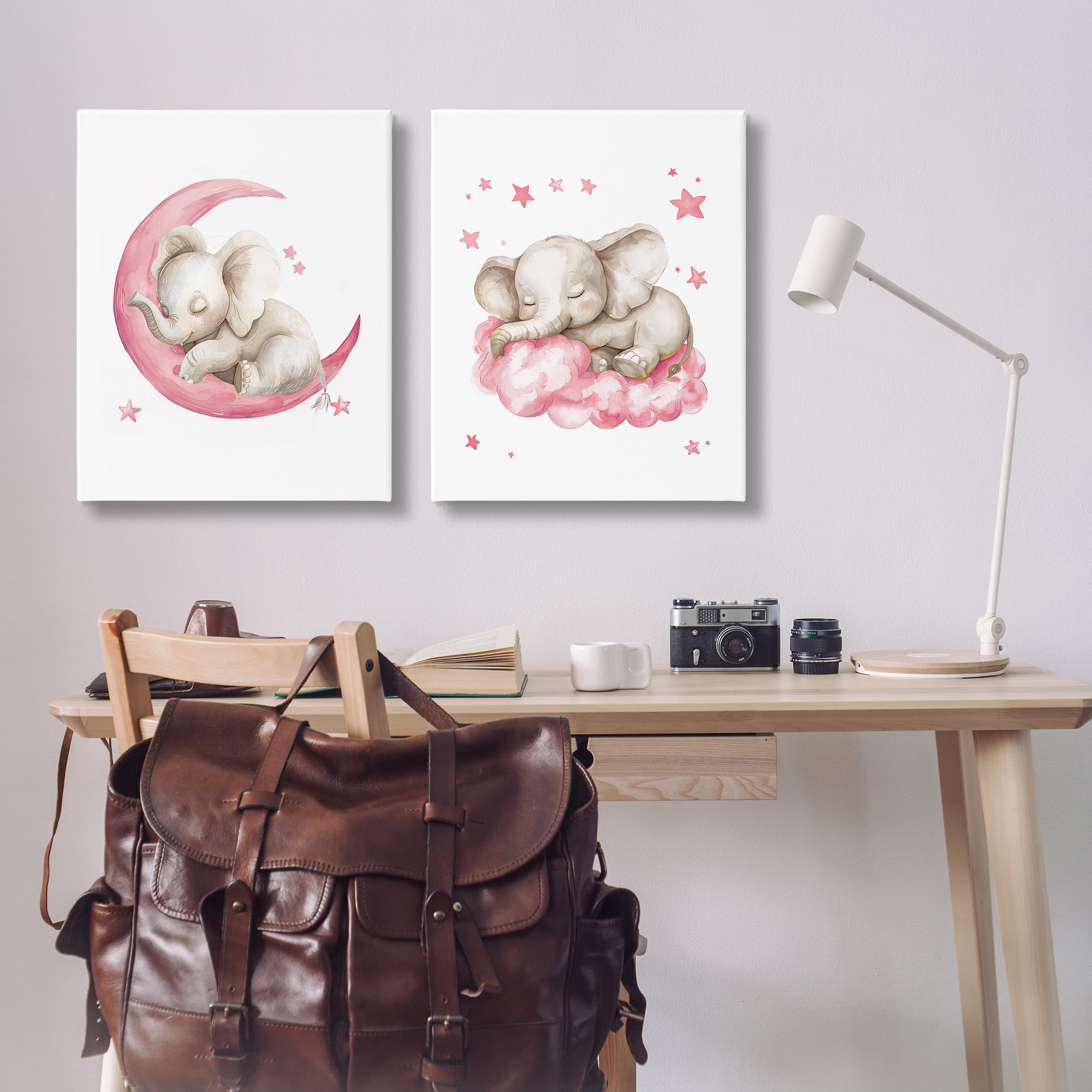 Stupell Industries Pink Sleepy Elephant Animals Painting Wrapped Canvas Art Print Wall Art, 24 x 30, Set of 2