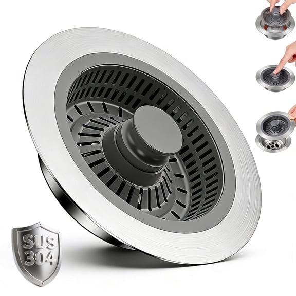 3 in 1 Kitchen Sink Drain Strainer, Stainless Steel Pop Up Kitchen Sink Stopper for Standard 3-1/2 Inch Drain Hole