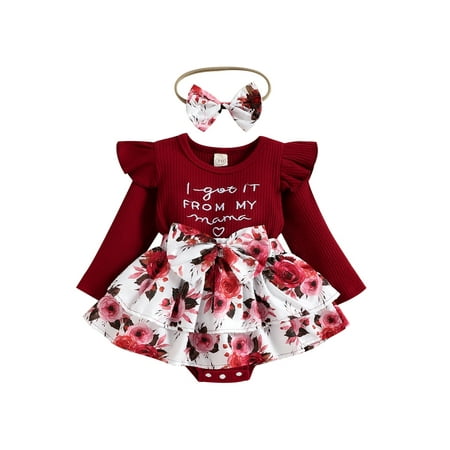 

Bagilaanoe Newborn Baby Girl Romper Dress Letter Embroidery Floral Print Ruffles Tutu Bodysuits+ Headband 6M 12M 18M 24M Infant Ribbed One Piece Jumpsuit