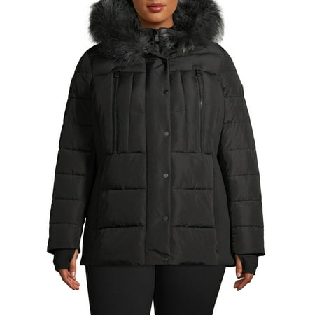 F.O.G. Women's Plus Size Short Puffer Coat with Faux Fur Hood