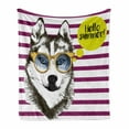 thumbnail image 1 of Alaskan Malamute Soft Flannel Fleece Blanket, Purple Stripes with Husky Sketch Yellow Hipster Glasses Hello Summer Words, Cozy Plush for Indoor and Outdoor Use, 50" x 70", Multicolor, by Ambesonne, 1 of 6