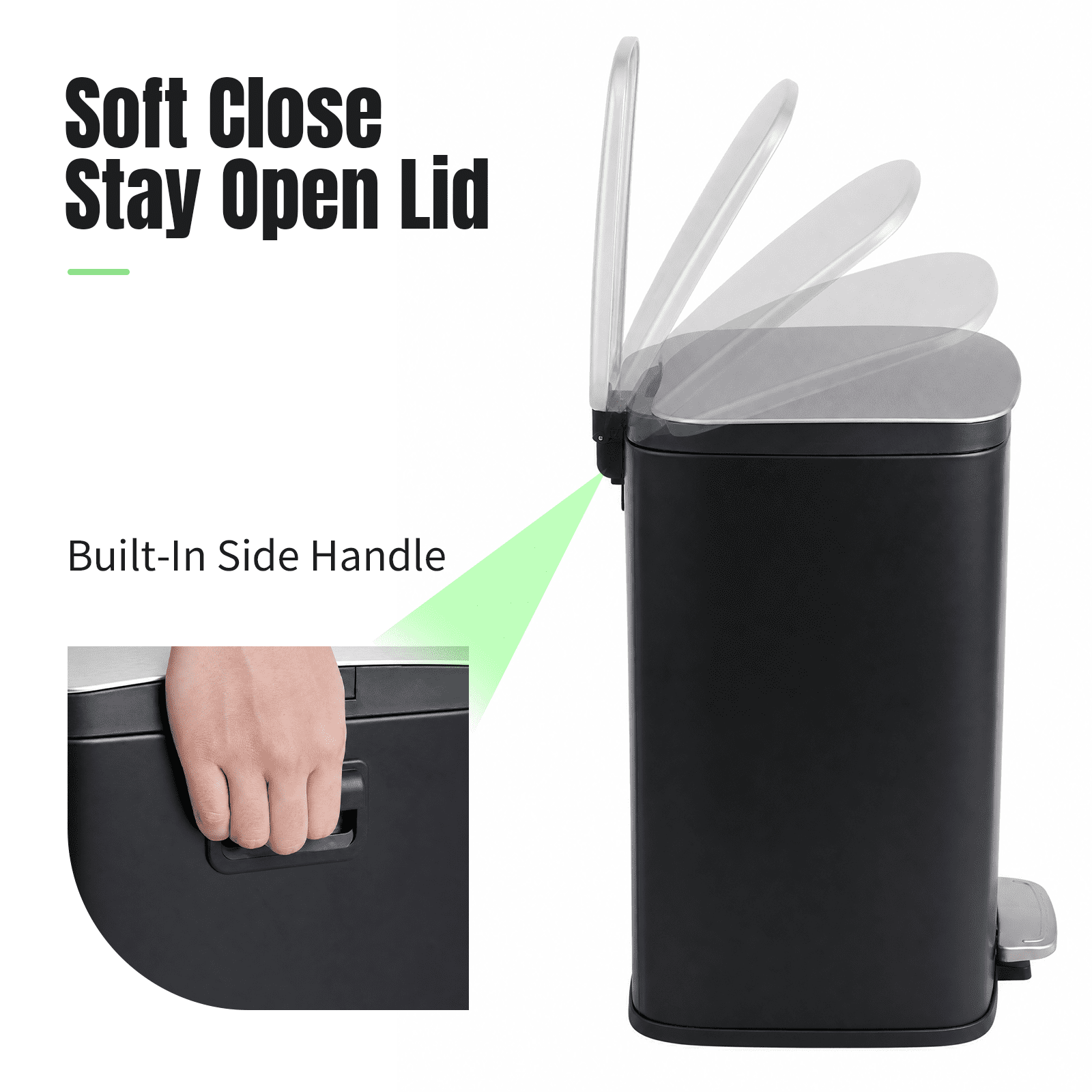 Simplykleen 5L/1.32 Gallon Rectangular Step Trash Can Stainless Steel Garbage Can with Removable Inner Bucket and Side Handle for Bathroom, Bedroom, Office, Black