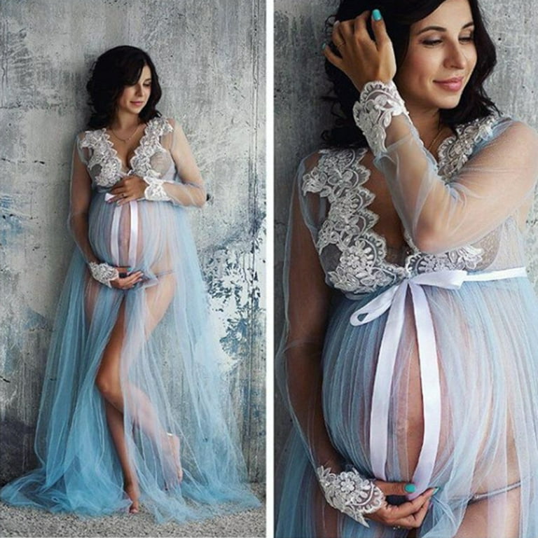 WAJCSHFS Maternity Dress Casual Maternity Dress Ruched Waist Casual Wrap  Maxi Split Pregnancy Dress for Photoshoot Baby Shower (Blue,XL) 
