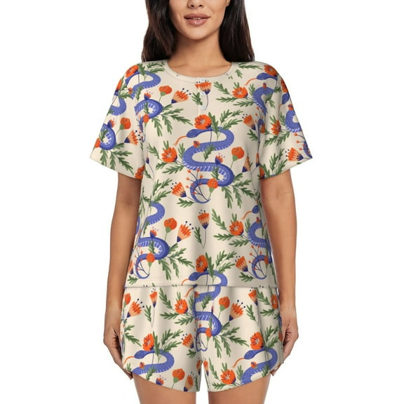 Gukieu Snake Print Women's Short-sleeved Pajama Set, Round Neck Button Top Elastic Shorts 2-piece Set, Summer Home Leisure Clothing-Small
