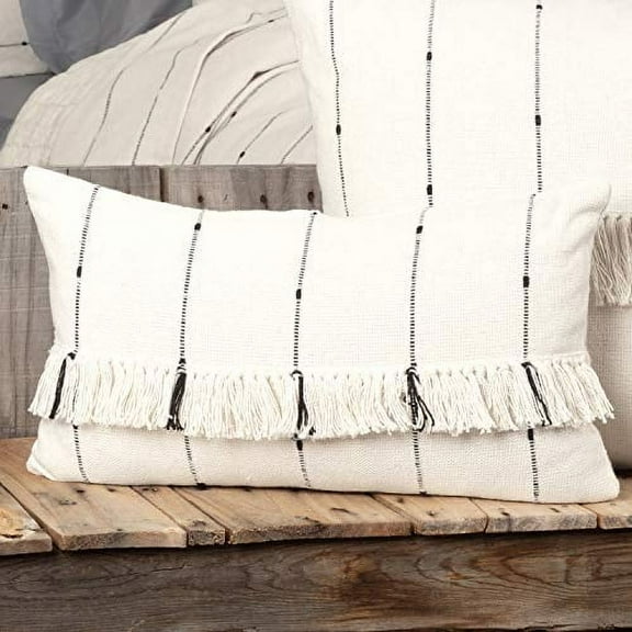 Piper Classics Farmcloth Stripe Throw Pillow Cover w/ Fringe, 12" x 20", Natural Cream Woven w/ Black, Cotton