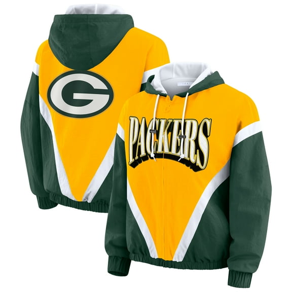 Women's WEAR by Erin Andrews Gold/Green Green Bay Packers Plus Size Retro Crinkle Full-Zip Hoodie Windbreaker Jacket
