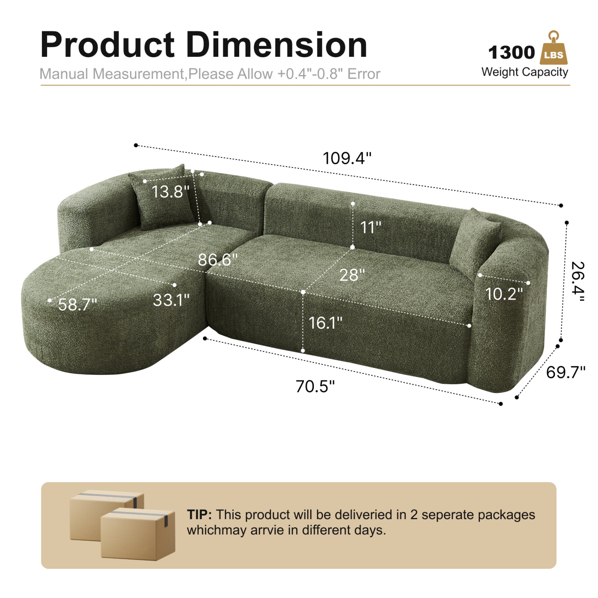 Leumius 109.4" Sectional Couch with L-Shaped Chaise, Boneless Modular Sectional Sofa for Living Room, Bedroom(Left- Green)