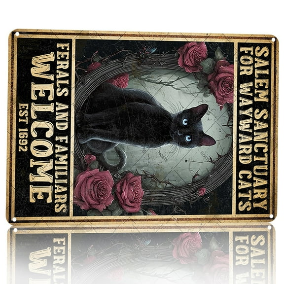 Noete 8x12 Inch Halloween Metal Tin Sign - Witchy Black Cat Wall Decor for Home, Gothic Halloween Party & Haunted House, Vintage Style Metal Sign Decoration
