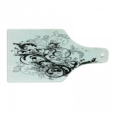 Vines Cutting Board, Monochrome Floral Leaves Style Ornamentals Abstract Nature Art, Decorative Tempered Glass Cutting and Serving Board, in 3 Sizes, by Ambesonne