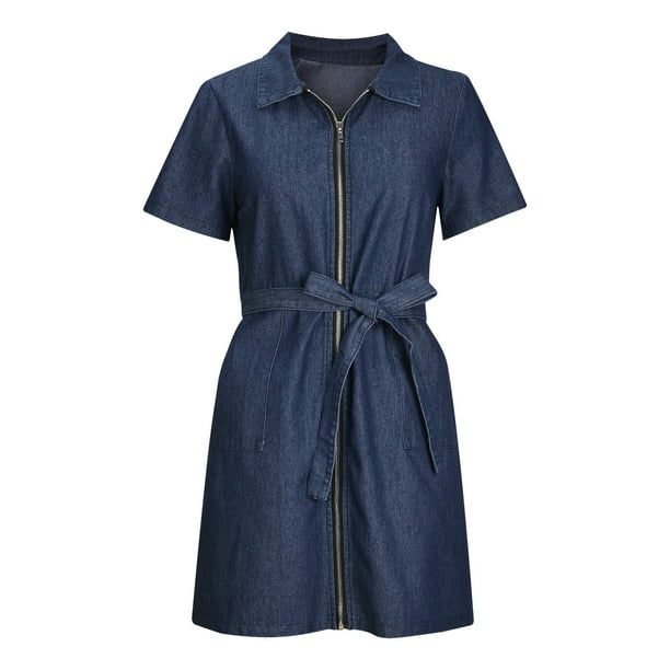Kayannuo Womens Dresses Print Back to School Clearance Dresses For Women 2023 Women S Summer Fashion Lace Up Waist Short Sleeve Zipper Sexy Pocket Slim Denim Dress Dark Blue Walmart Business Supplies