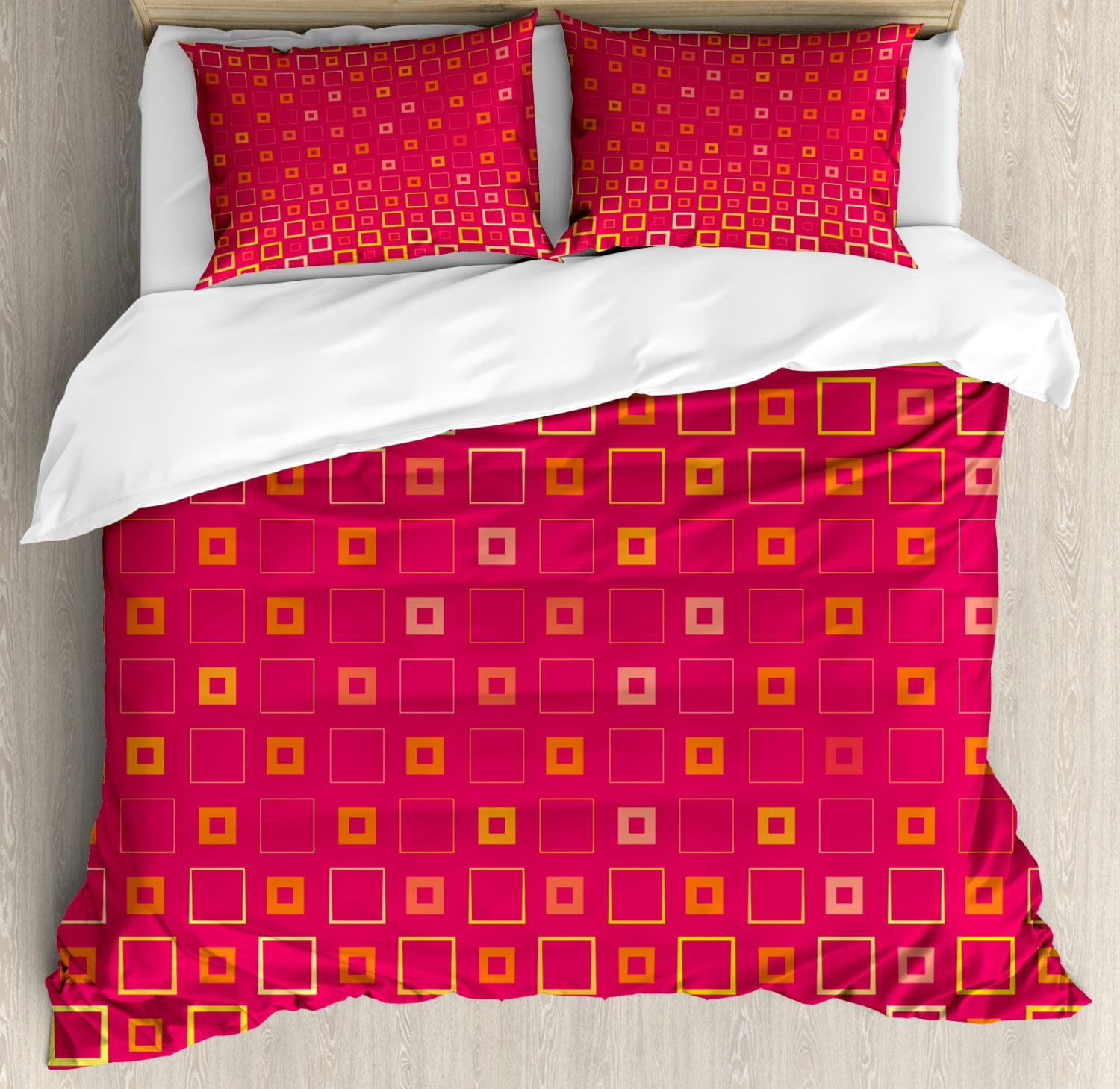 Geometric Duvet Cover Set Queen Size, Thin and Bold Squares on Pink
