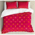 thumbnail image 1 of Geometric Duvet Cover Set Queen Size, Thin and Bold Squares on Pink Backdrop Abstract Modern Composition, Decorative 3 Piece Bedding Set with 2 Pillow Shams, Yellow Orange Magenta, by Ambesonne, 1 of 3