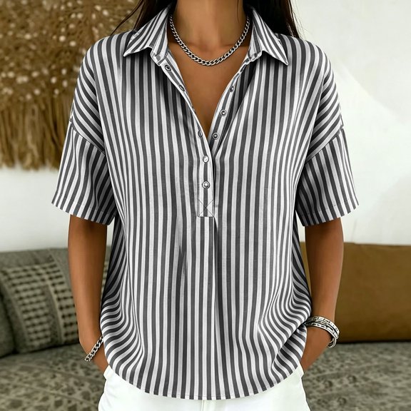 Women's Striped V-Neck Short Sleeve T-Shirt Loose Fit Casual Summer Top