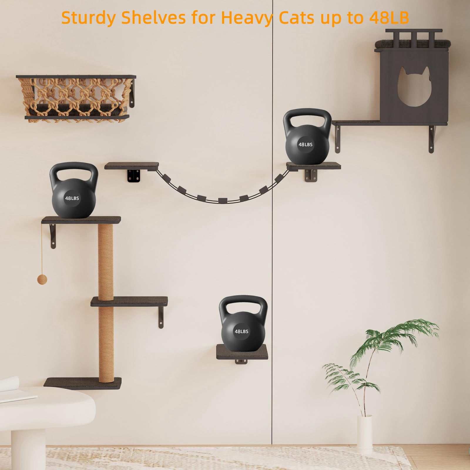 5-in-1 Cat Wall Shelves Set With Hammock  Wall-mounted Furniture Includes Condo Bridge Ladder & Steps For Indoor Cats Safe Stable (dark Gray)