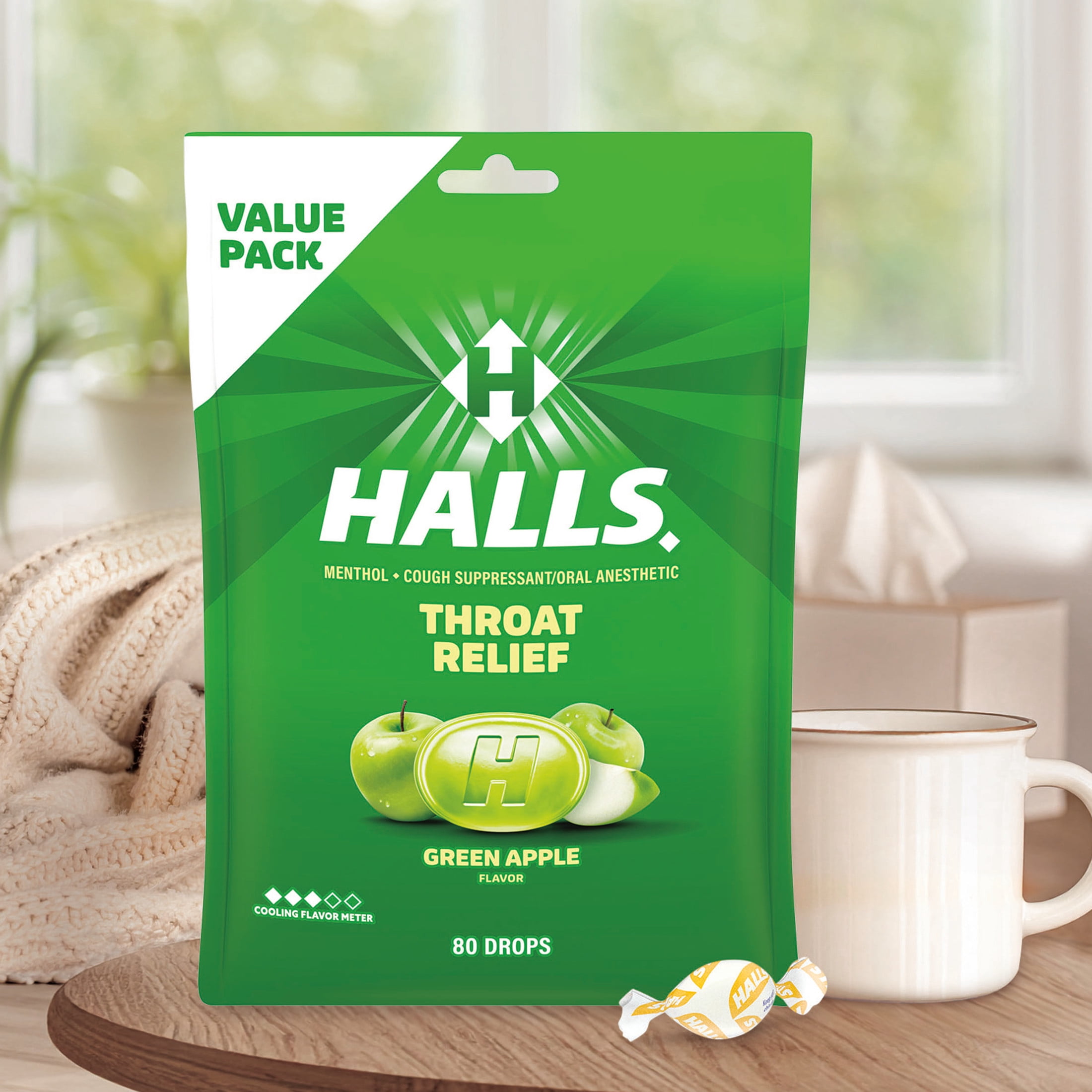 HALLS Throat Relief Green Apple Cough Drops, FSA/HSA Eligible, Value Pack, 80 Drops