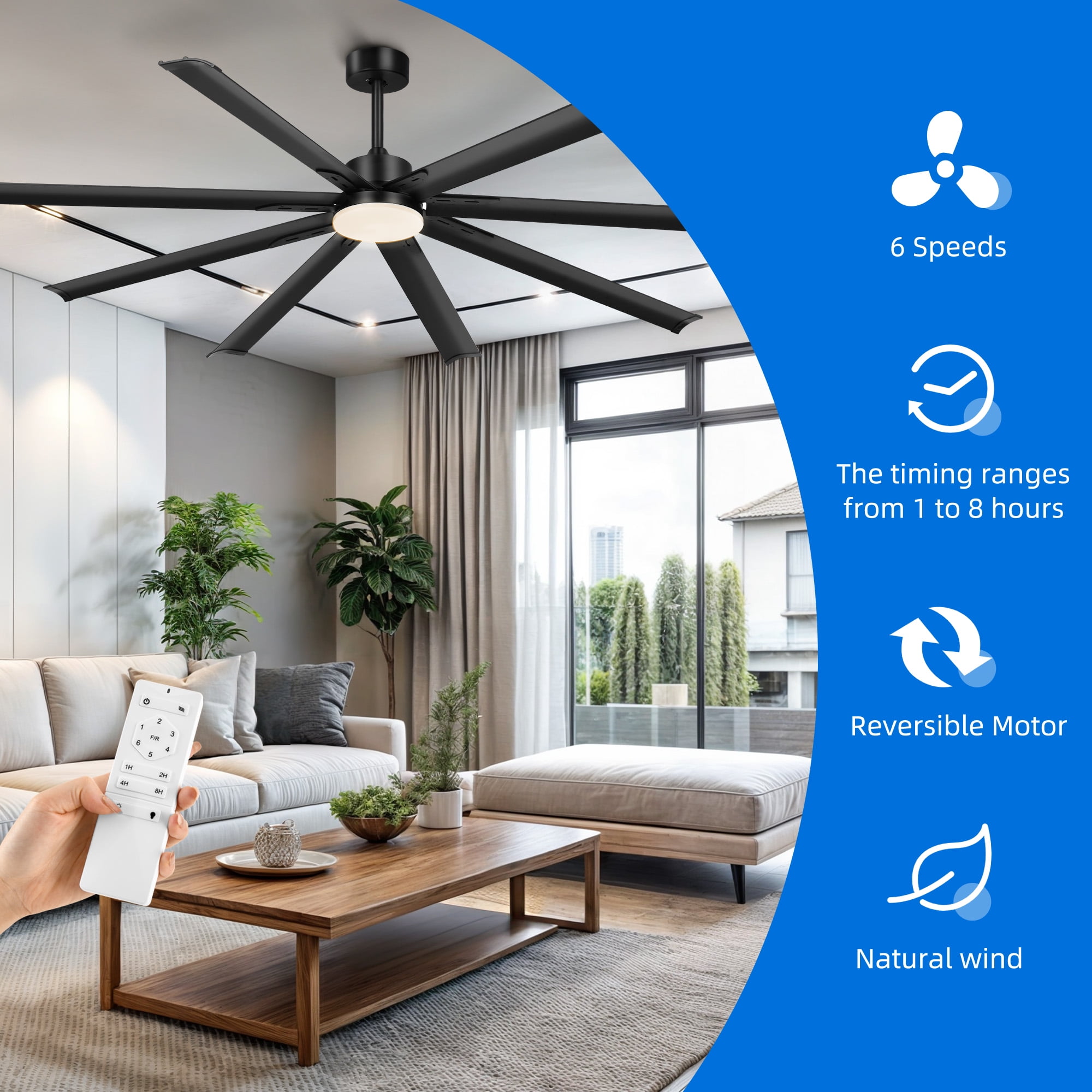 Dextrus 80 inch Large Industrial Ceiling Fan with Light and Remote, Indoor Ceiling Fan with 8 Blades,6 Speed for Porch Garage Shop, Black