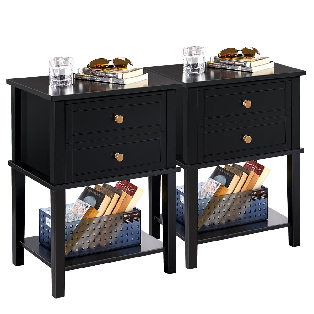 2 Pieces 2 Drawers Wood Nightstand End Table Bedroom Living Room Black