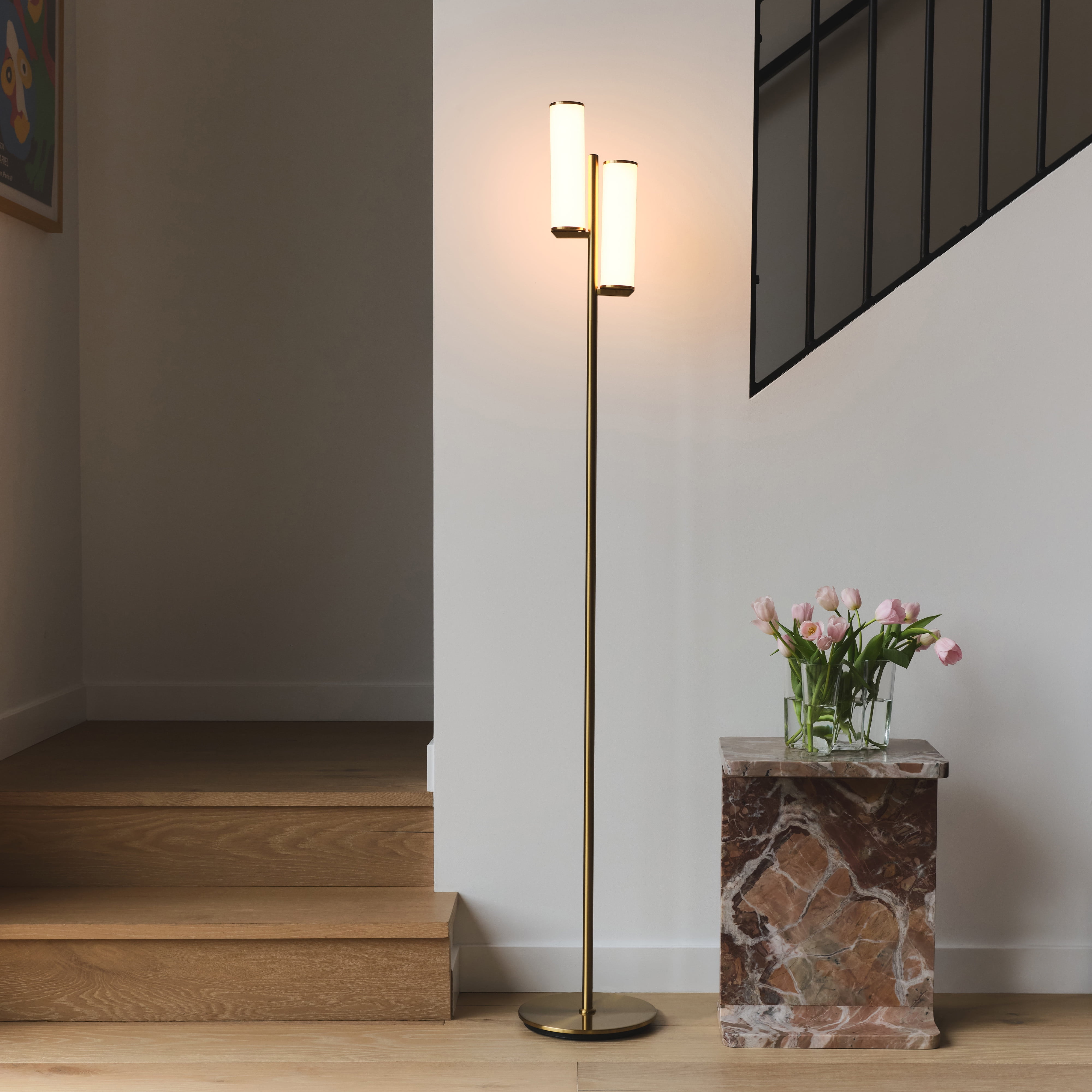 Brightech Gemini Mid Century Modern LED Floor Lamp with 3-Way Dimmer - Brass