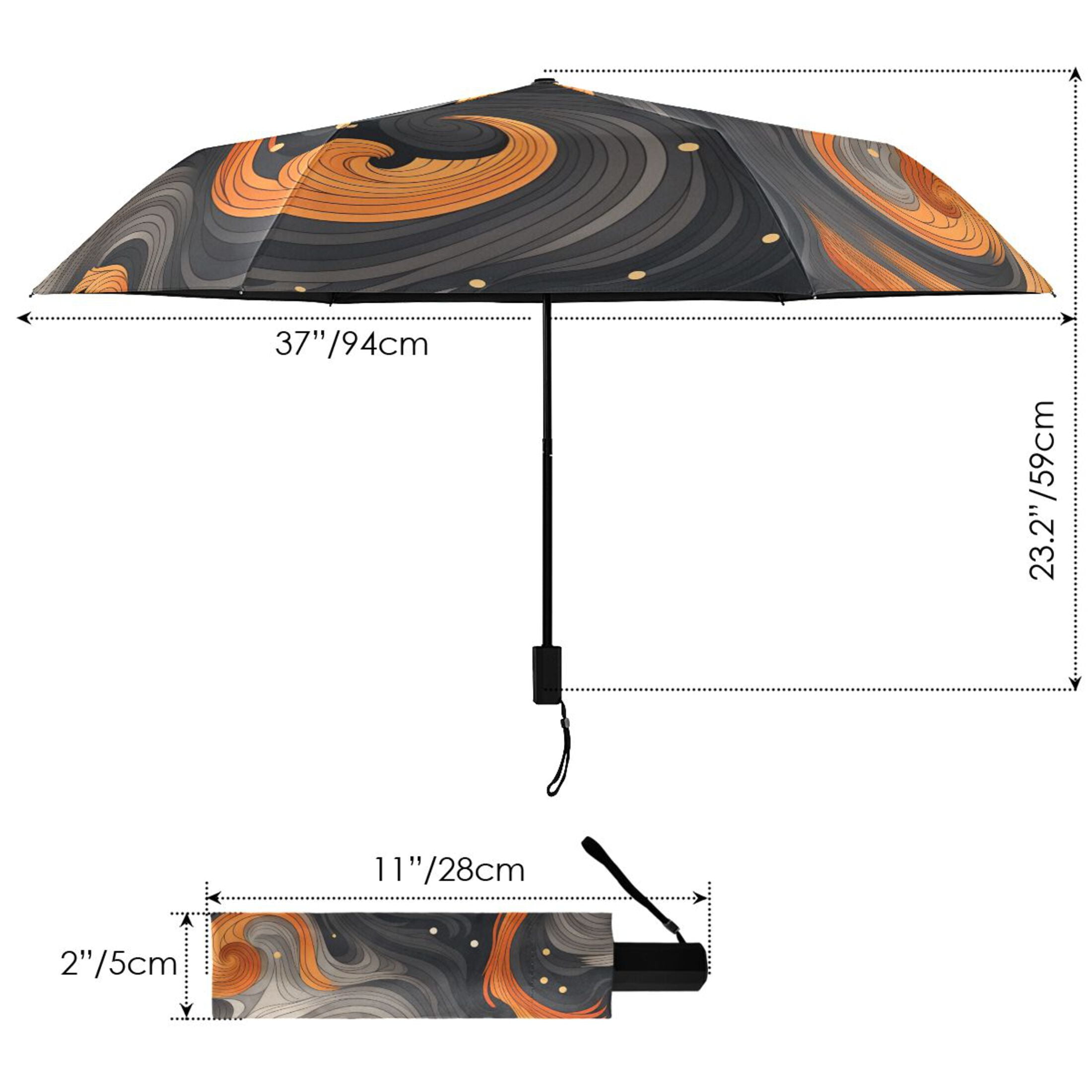 Black and Orange UPF 50+ Compact Folding Umbrella for Rain Windproof Travel Umbrella Lightweight Packable
