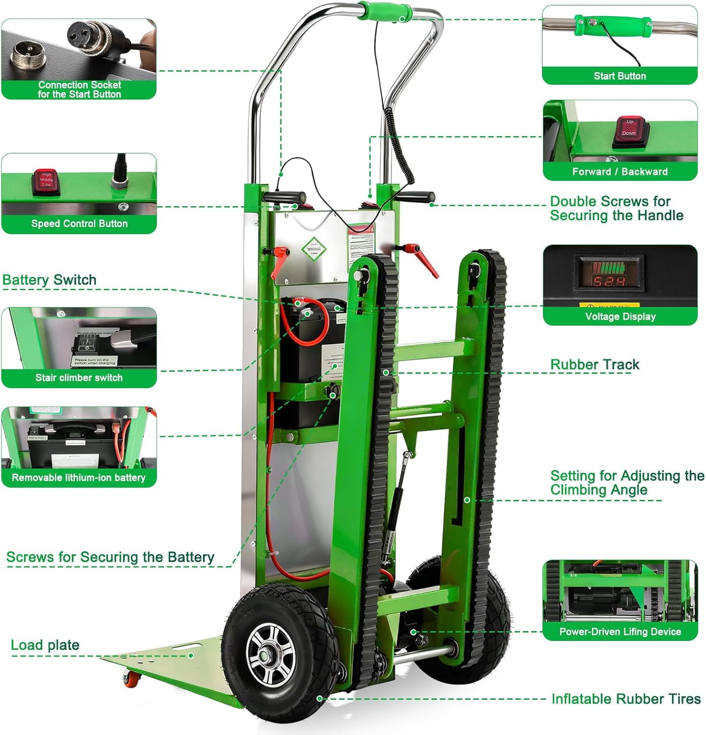 Vakiorn Electric Stair Climbing Hand Truck 900 lb Capacity 1250W Motor Heavy Duty Stair Climber for Furniture Logistics Green