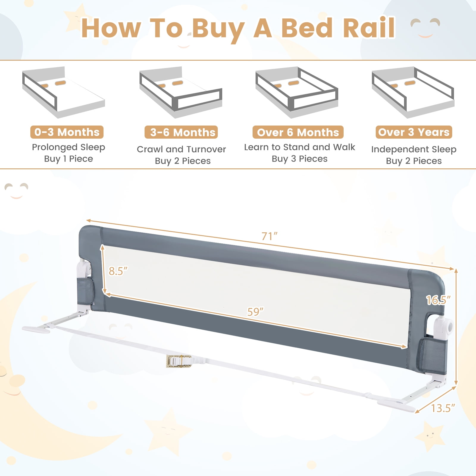 Gymax 71'' Toddler Foldable Bed Rail w/ Adjustable Safety Strap Bedrail Guard Gray