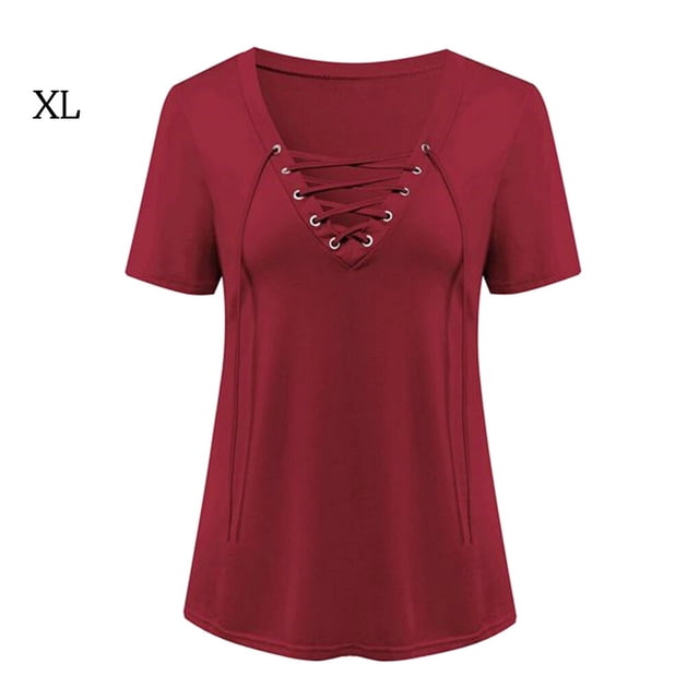T-Shirt Femme Col en V Manches Courtes Haut Couleur Unie Blouse Décontractée, Rouge Vin, TG