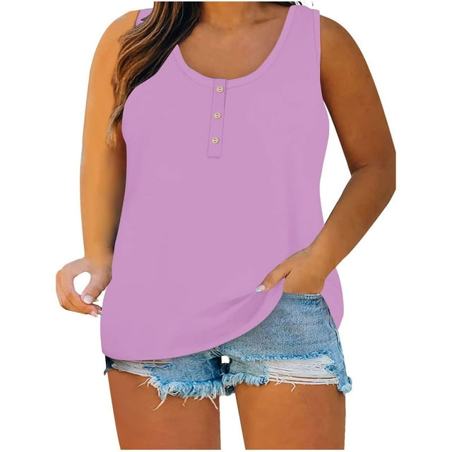 Yuyuzo Débardeurs Grande Taille pour Femmes Été Sans Manches T-Shirts Décontractés Col Rond Bouton Tunique Unie