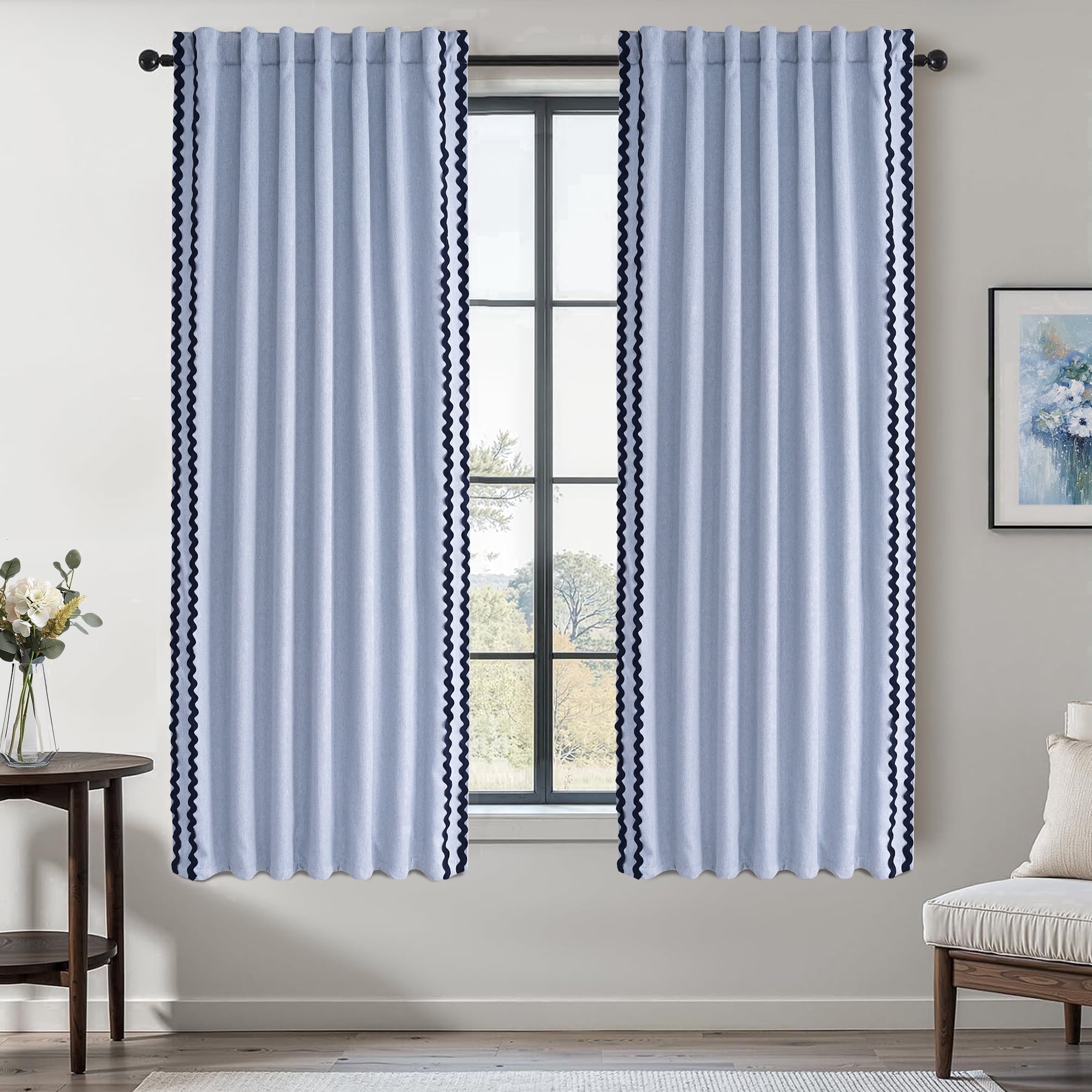 Alishomtll Blue Scalloped Rod Pocket Back Tab Blackout Curtains for Bedroom ,52"x 63",Pack of 2