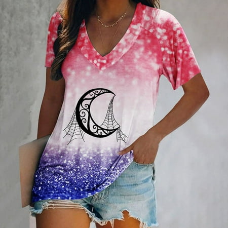 

OKBOP Halloween Scrub Tops Women Fashion Causal V-Neck Printing Short Sleeve T-Shirt Summer Purple Blouses for Women White T Shirts for Women