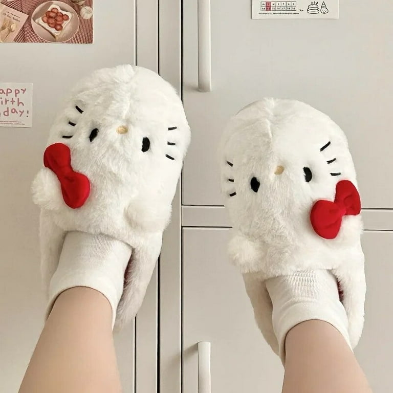 Sanrio Hello Kitty Plush Slipper White Cute Bow Cartoon Warm Winter Indoor Slippers Flat Casual Non slip Girls Home Shoes Gifts