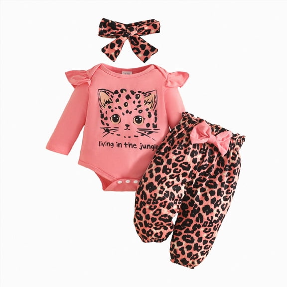 CAICJ98 Baby Girl Clothes Newborn Infant Girls Fall Winter Outfit Long Sleeve Ruffle Romper Pants Headband Sets,Size 6-12 Months