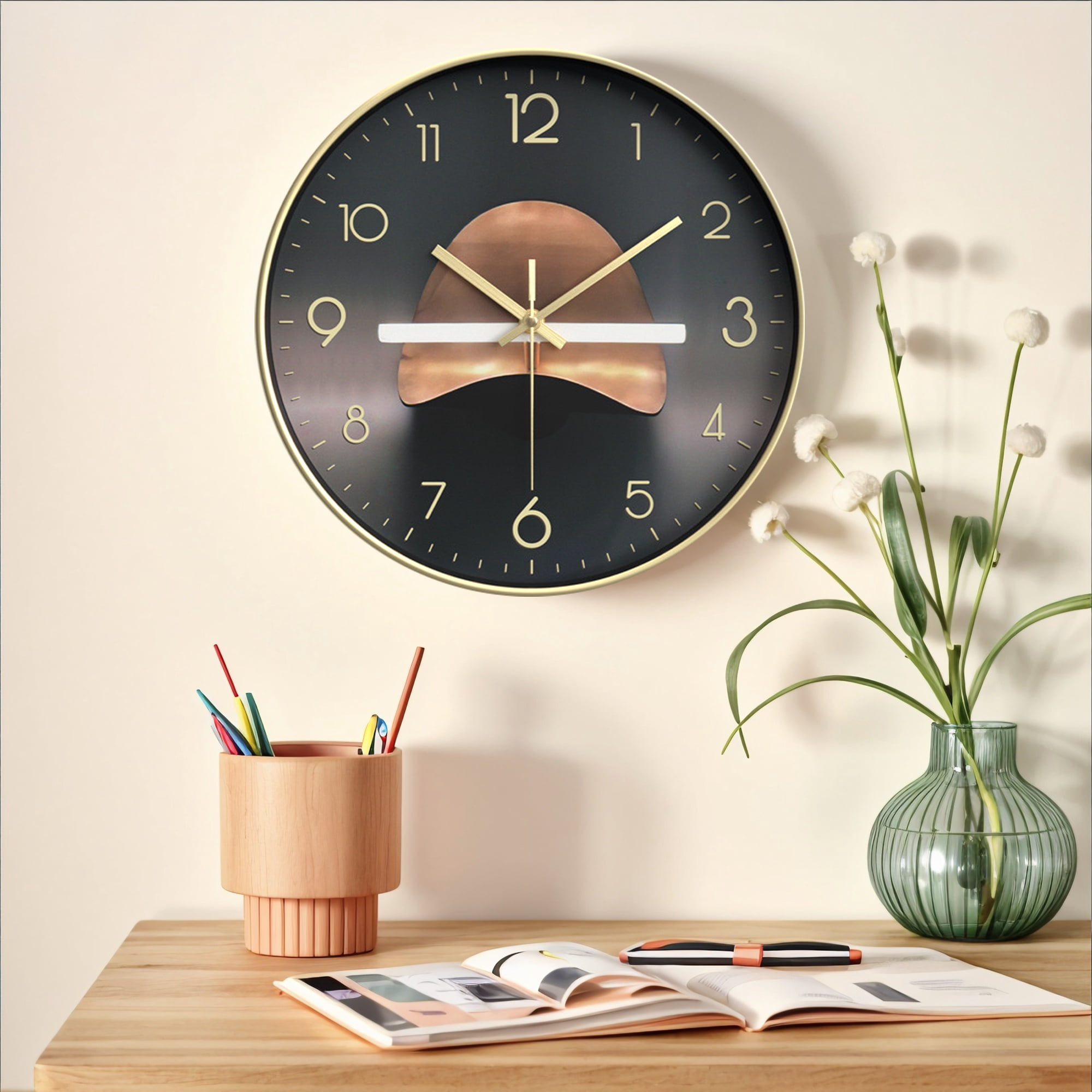 Unique Bargains Silent Non Ticking Battery Operated  Wall Clock Gold Pattern 2