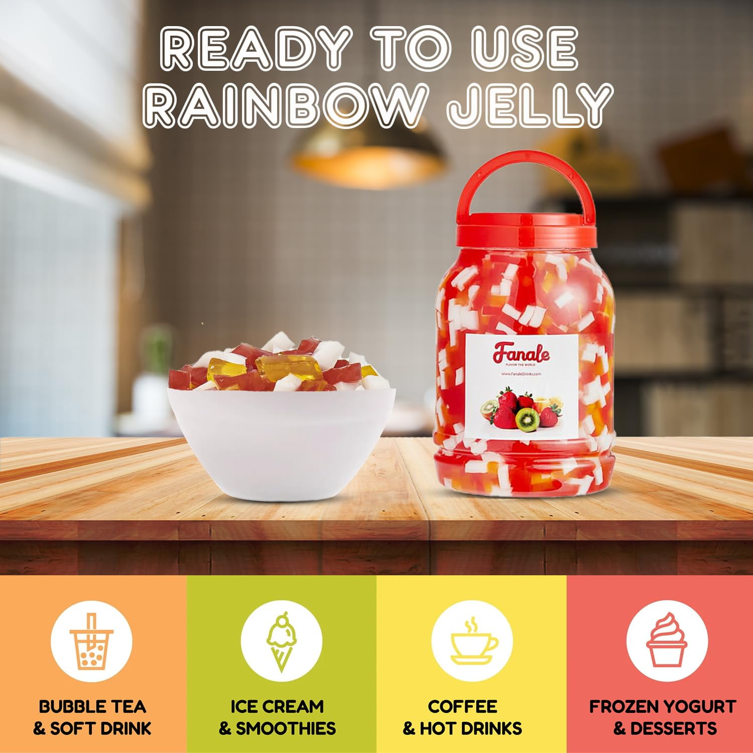 Fanale Premium Rainbow Coconut Jelly Topping for Bubble Tea, Smoothies, Slushes, and Desserts, 8.3 lb, Pack of 4