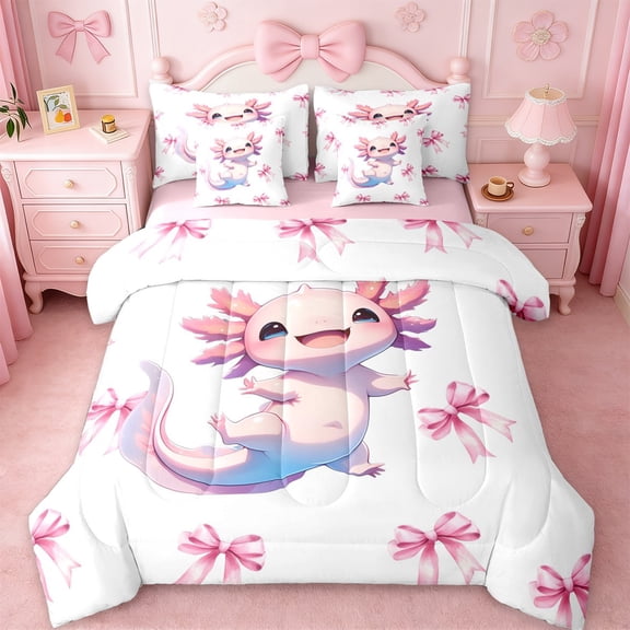 Erosebridal Cute Axolotl 7-Piece Twin Bedding Sets For Kids,Pink Girly Bow Bedding Comforter Set For Girls,Pink Reversible