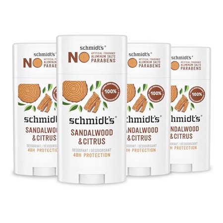 Schmidt's Aluminum-Free Vegan Deodorant Sandalwood & Citrus 4 Count for Women and Men, with 24 Hour Odor Protection, Natural Ingredients, Cruelty-Free, 2.65 oz