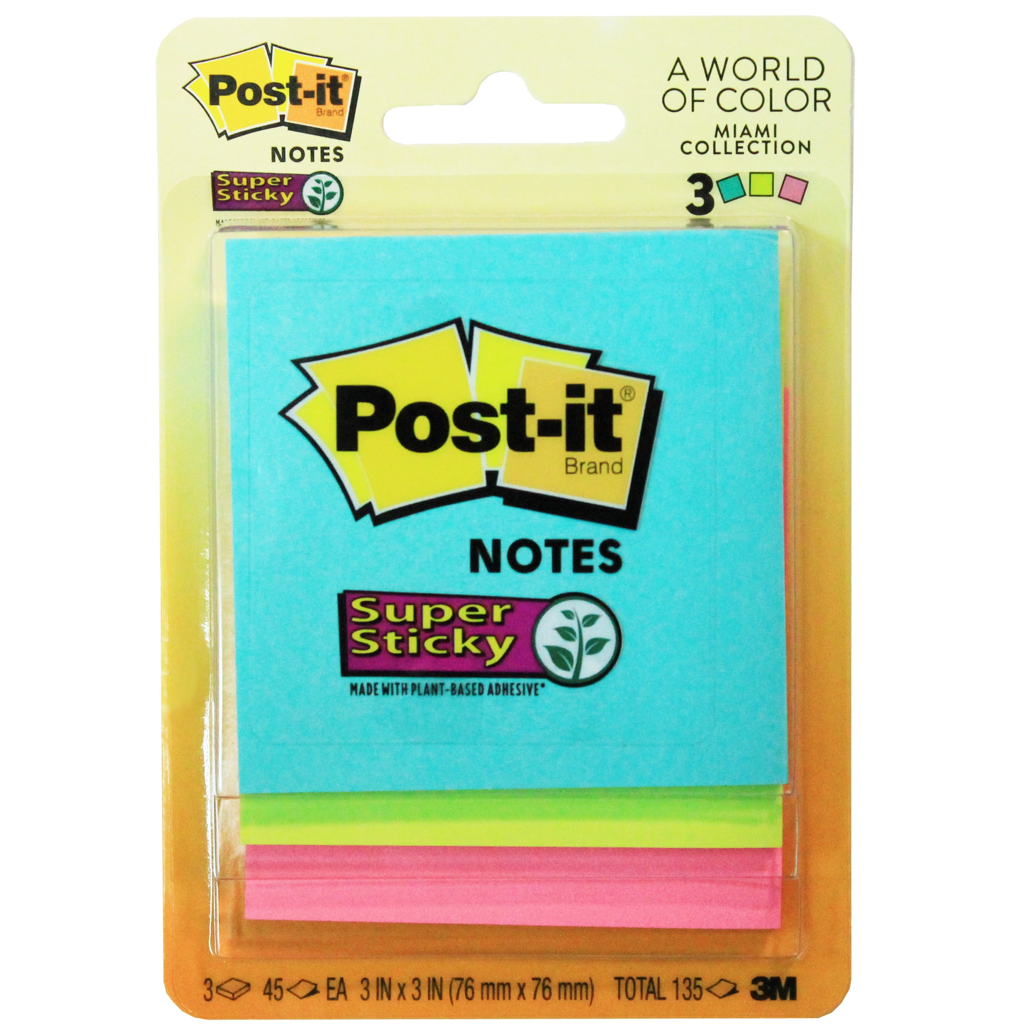 Post-it Super Sticky Notes, 3" x 3", Miami Collection, 3 Pads/Pack, 6 Packs