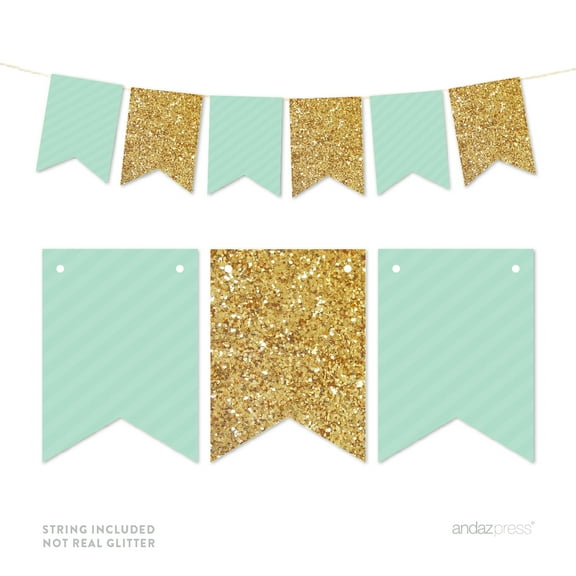 Mint Green Gold Glitter Pennant Party Banner