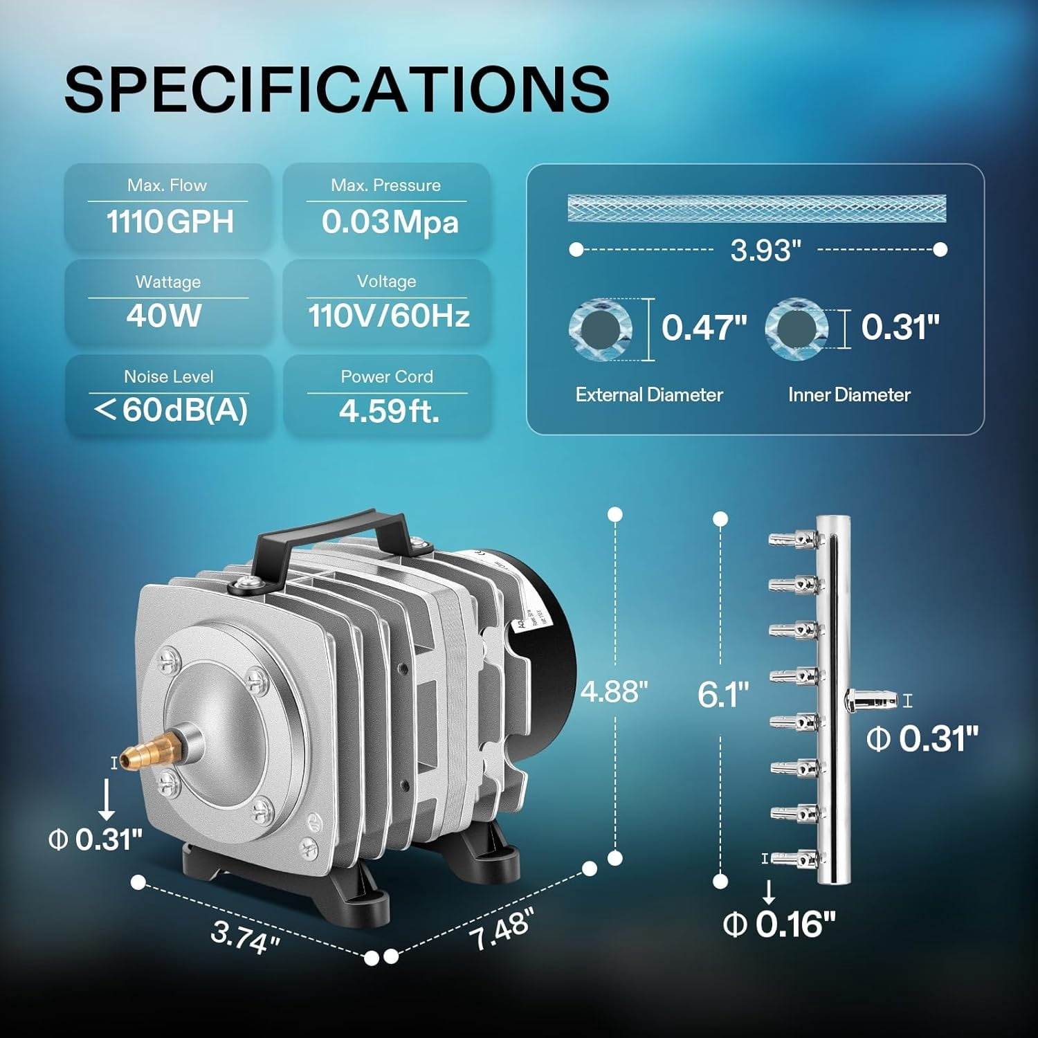 Commercial Air Pump 1110 GPH 8 Outlet 40W 70L/min for Aquarium and Hydroponic Systems
