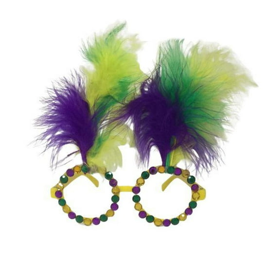 Glasses with Purple, Green and Gold Feathers, Sequins and No Lenses (Each)