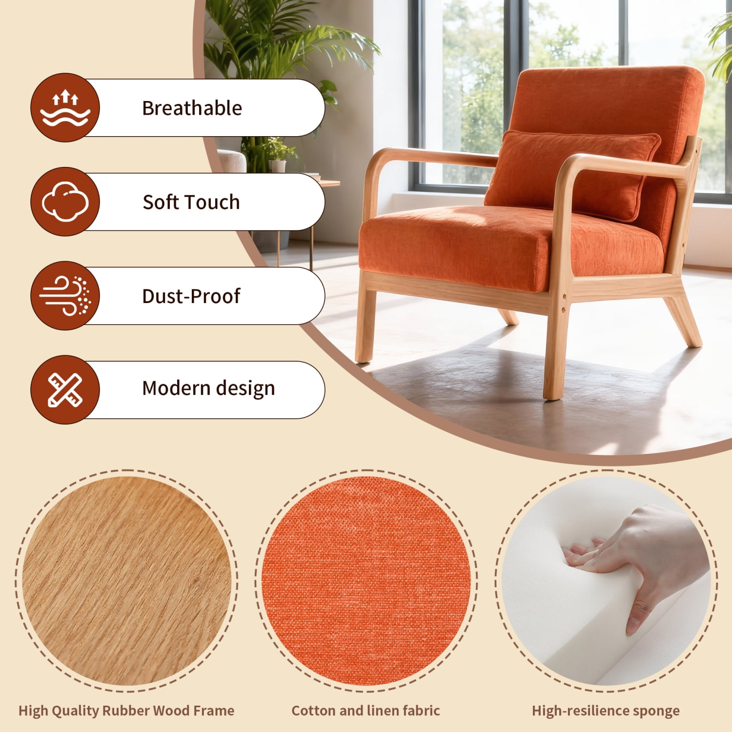 Mid Century Accent Chair with Solid Wood Frame, Upholstered Modern Reading Armchair with Lumbar Pillow, Comfy Lounge Chair for Living Room, Orange